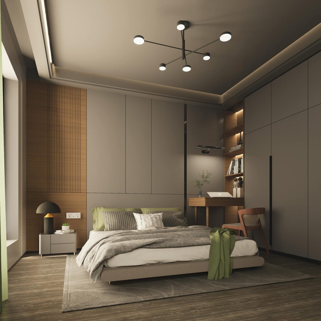 Cozy modern bedroom with minimalist decor and soft lighting.