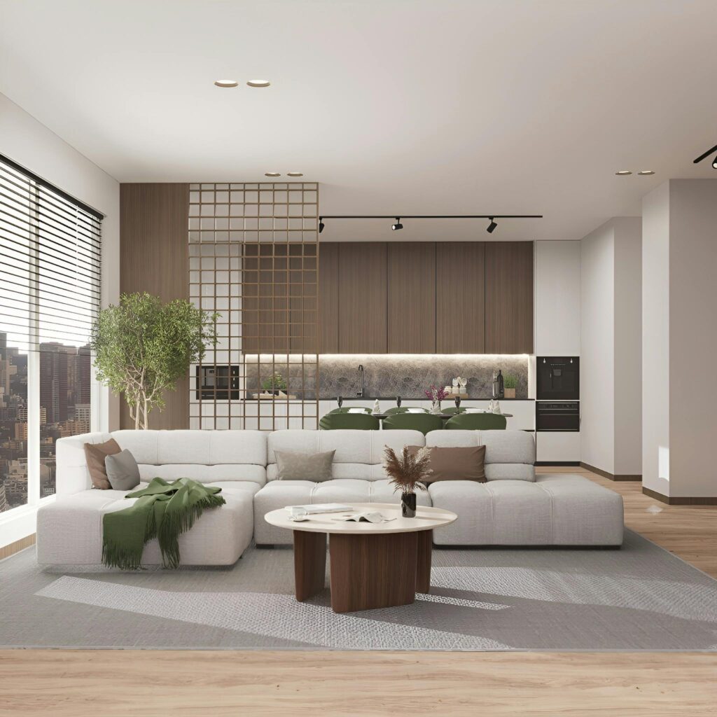 Luxury Aparment Stylish modern living room with natural light, green accents, and wooden elements.