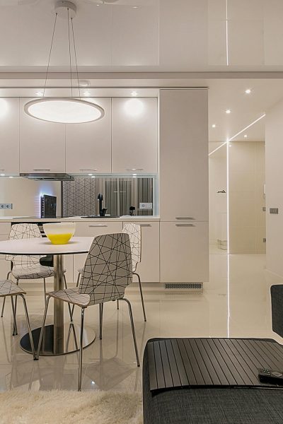 Stylish contemporary open-plan living room and kitchen with minimalist design in Vilnius.